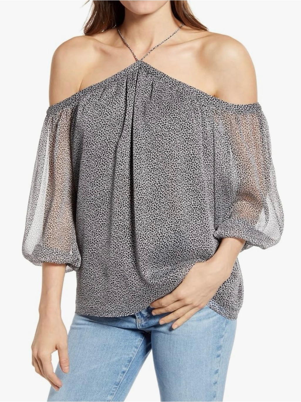 1. State Black & White Off-Shoulder Halter Blouse